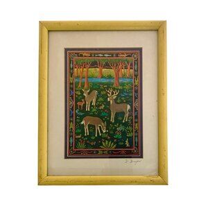 Whimsical Forest Print Signed D. Bryer Vintage Folk Art Decor